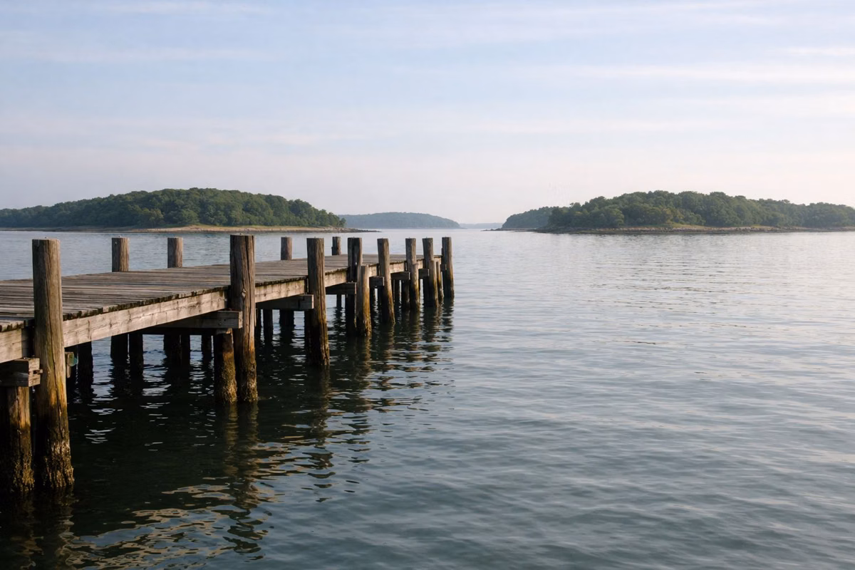 Calm harbor water beside a weathered wooden pier with low islands in the distance