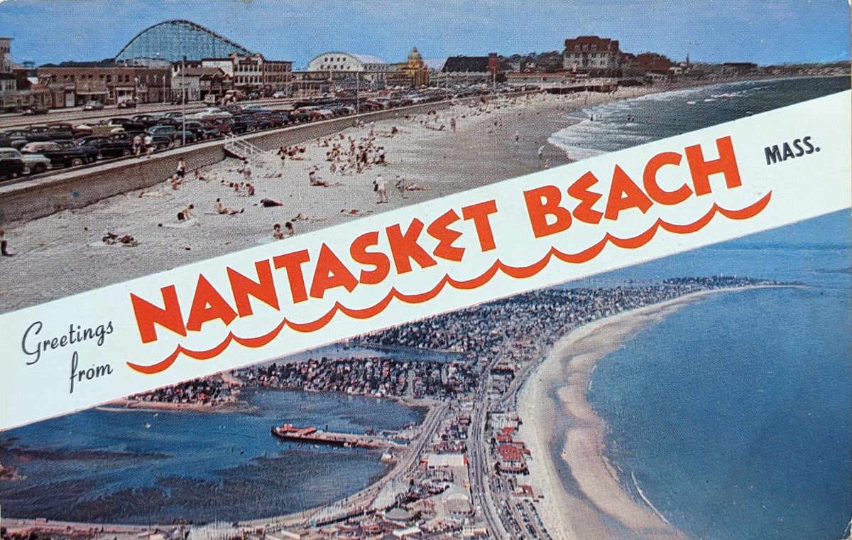 1950s Greetings from Nantasket Beach postcard showing the beach and Paragon Park