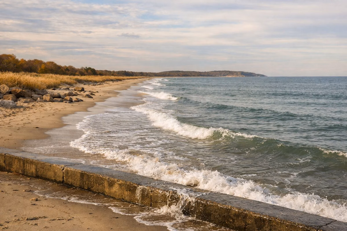 Waves at high tide washing up to a low concrete seawall over a narrow strip of wet sand