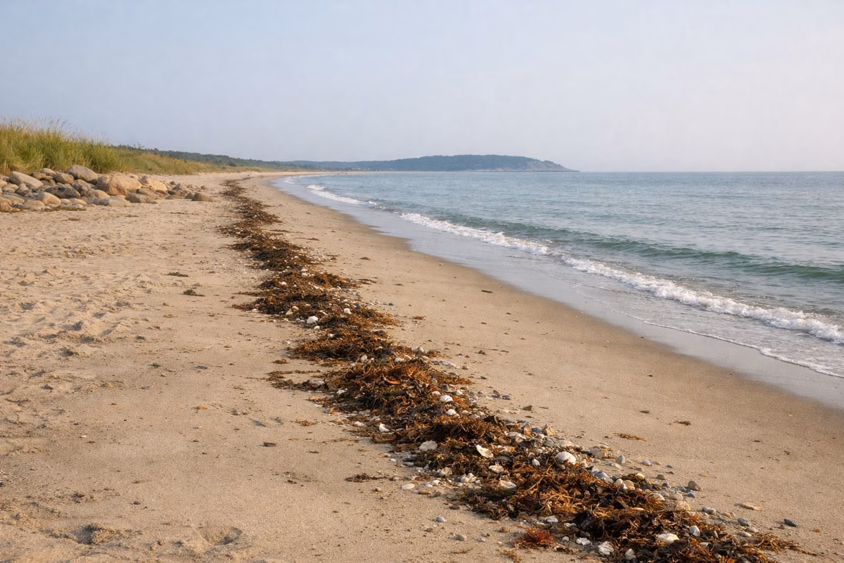 Line of dried seaweed and small shells along the high-tide mark on the sand