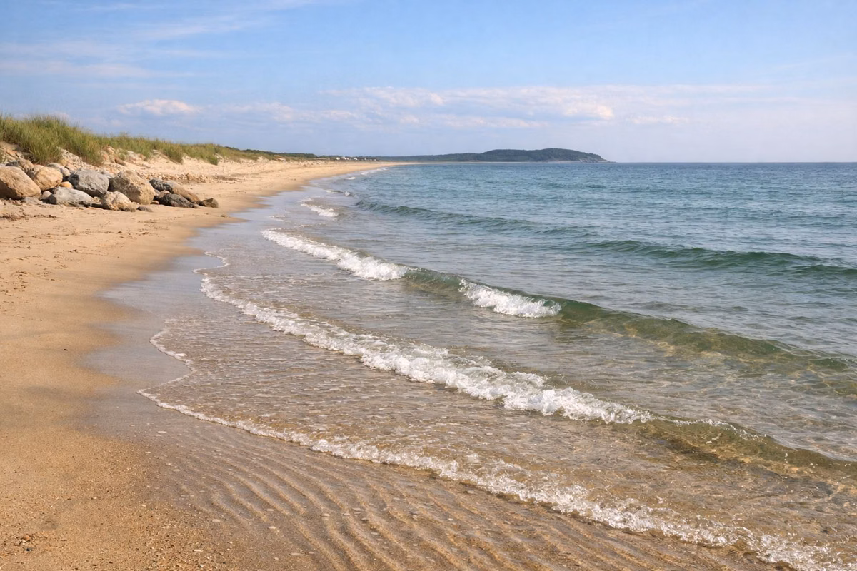 Small clear waves breaking over rippled sand in shallow summer water