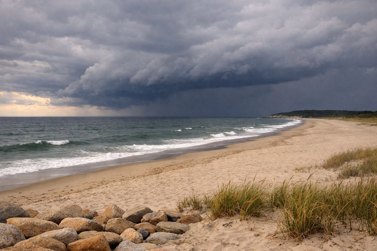 Dark storm clouds building over the ocean beyond a wide empty sandy beach